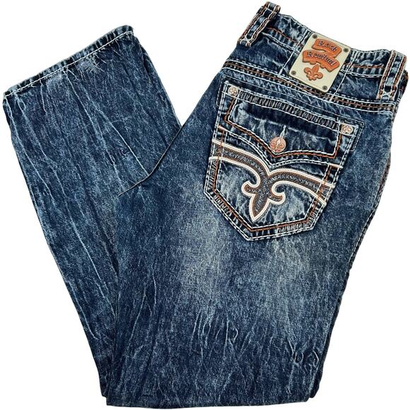 Men's Distressed Rock Revival Ecton Straight Volcano Stitch Blue Denim Jeans - Picture 1 of 9